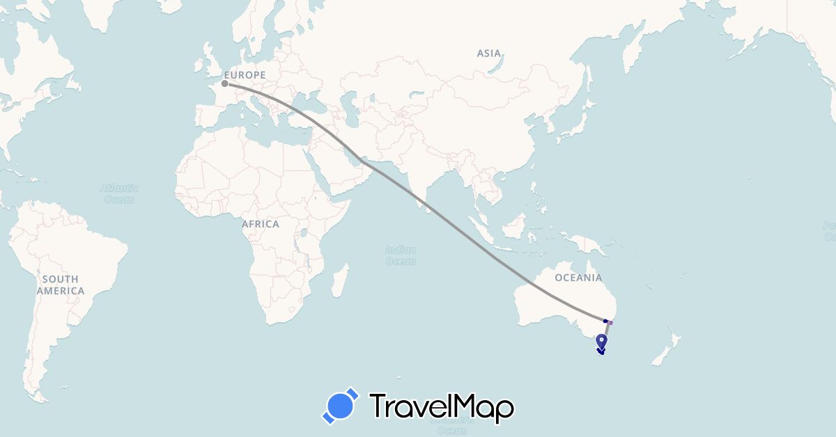 TravelMap itinerary: driving, bus, plane, train in United Arab Emirates, Australia, France (Asia, Europe, Oceania)